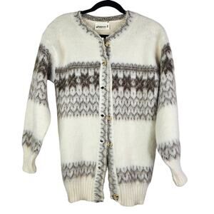 Vintage Icelandic S Fuzzy Cardigan Sweater Nordic Fair Isle Cream Brown Cottage